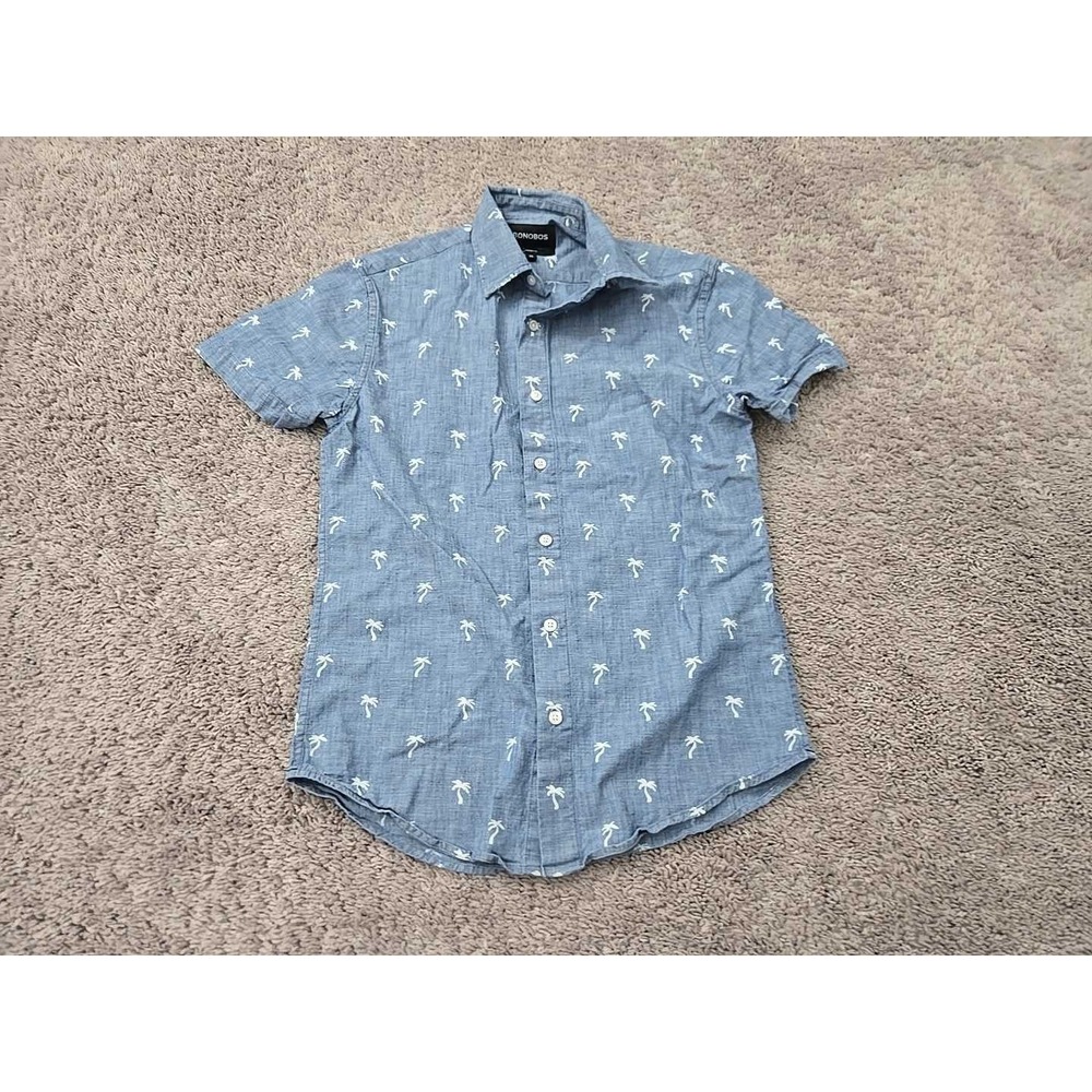 Bonobos Button Up Shirt Mens XS Blue Chambray Excellent Tropical Palm Tree SS